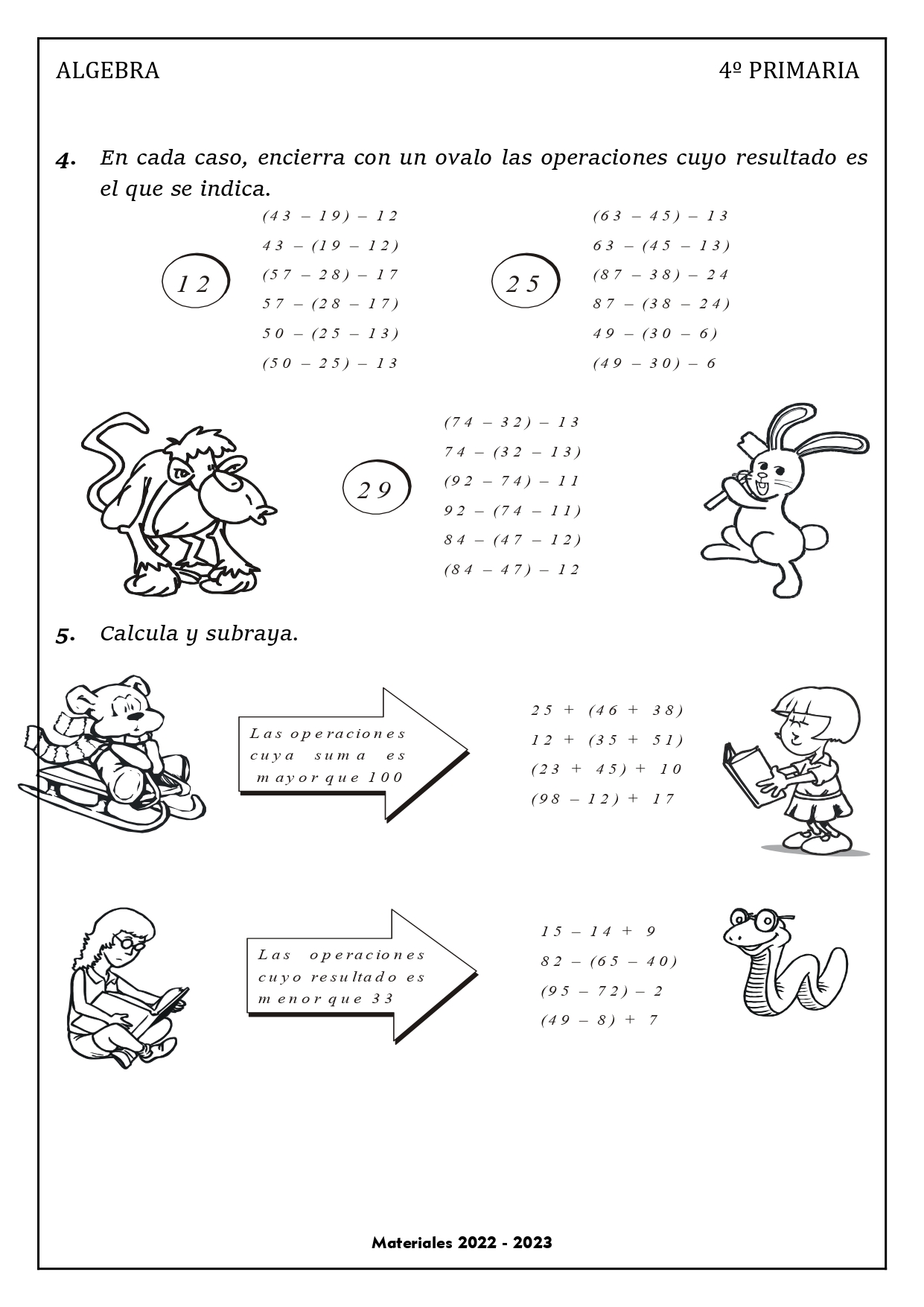 Álgebra: Guia de ejercicios para 4º grado primaria | Imprimir material
